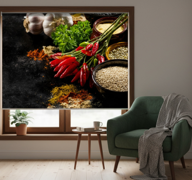 Cortina roller negra cocina con especias - TenVinilo
