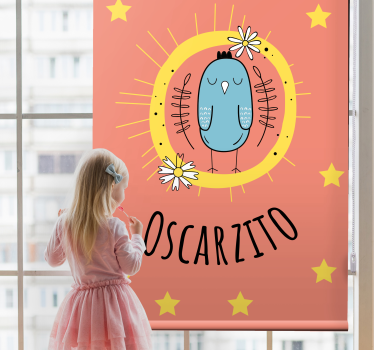 Cortina roller infantil pájaro azul con nombre - TenVinilo