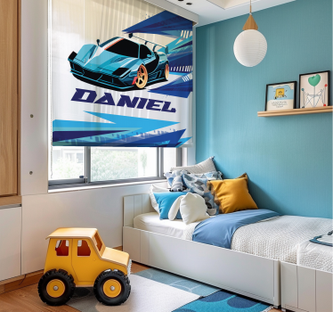 Cortina roller personalizable coche de carreras azul - TenVinilo
