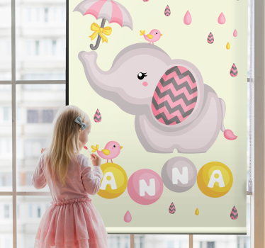 Cortina roller infantil bebé elefante con nombre y paraguas - TenVinilo