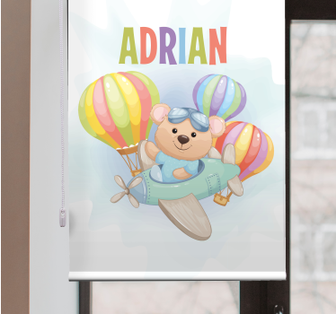 Cortina roller infantil oso en avión con nombre - TenVinilo