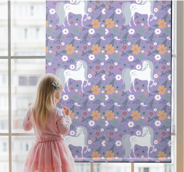 Cortina roller infantil unicornios morados y flores - TenVinilo