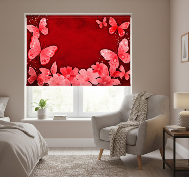 Cortina roller roja diseño de flores y mariposas - TenVinilo