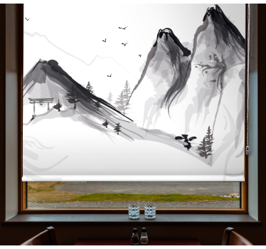 Cortina roller living comedor invierno japonés con montañas - TenVinilo