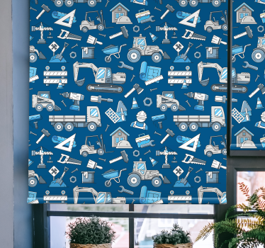 Estor enrollable azul infantil excavadoras blancas - TenVinilo