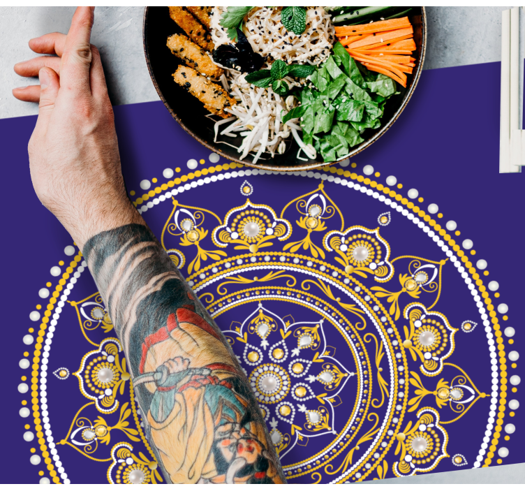 Mantel individual elegante Patrón de india púrpura y oro - TenVinilo