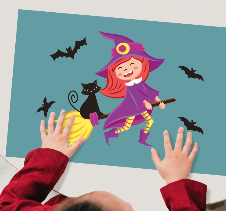 Mantel individual Halloween Bruja en escoba voladora con gato neg - TenVinilo