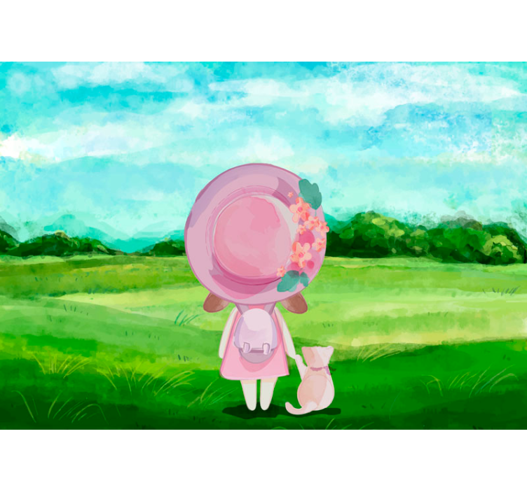 Fotomural infantil niña y gato en el prado - TenVinilo