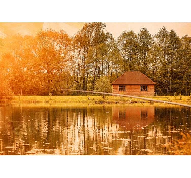 Fotomural ciudad Casas marrones junto al lago con montañas - TenVinilo