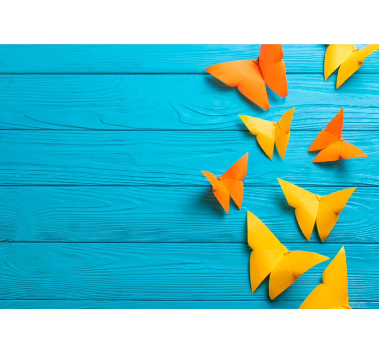 Mural efecto madera mariposas de papel de colores - TenVinilo