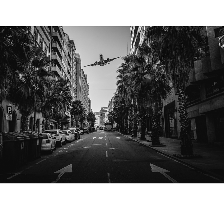 Fotomural ciudad blanco y negro calle con avión - TenVinilo