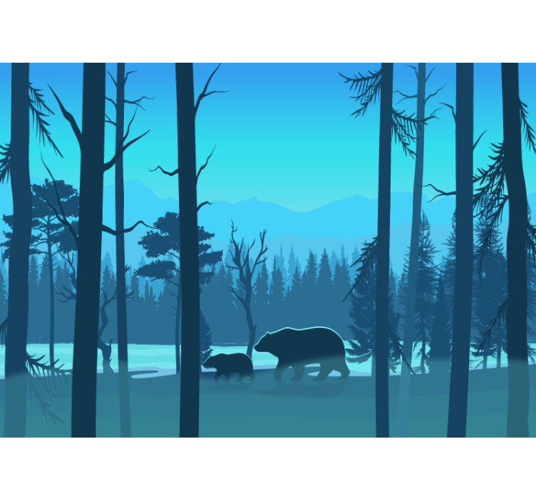 Fotomural bosque frondoso dibujado con osos - TenVinilo