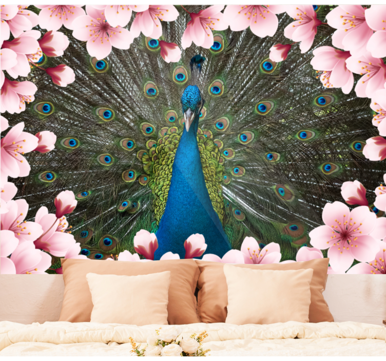 Fotomural 3D Pavos reales animales 3d con flores - TenVinilo