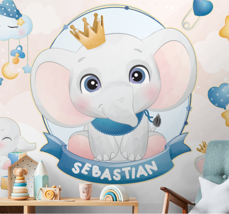 Fotomural para bebés Lindo elefante para niño con nombre - TenVinilo