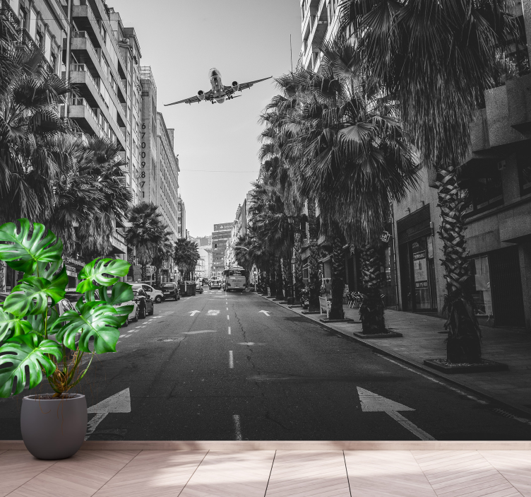 Fotomural ciudad blanco y negro calle con avión - TenVinilo