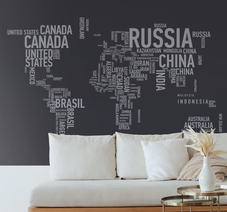mural mapamundi Mapa del mundo con nombres - TenVinilo