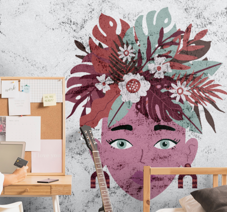 Fotomural habitación matrimonio Diseño moderno de mujer y flores. - TenVinilo