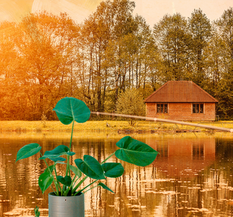 Fotomural ciudad Casas marrones junto al lago con montañas - TenVinilo