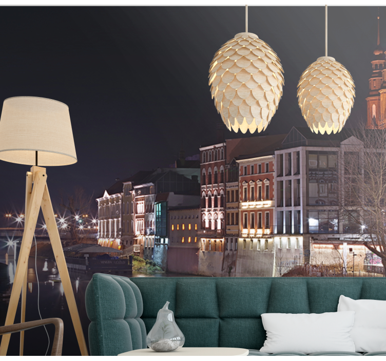 Mural ciudad arquitectura ribereña iluminada - TenVinilo