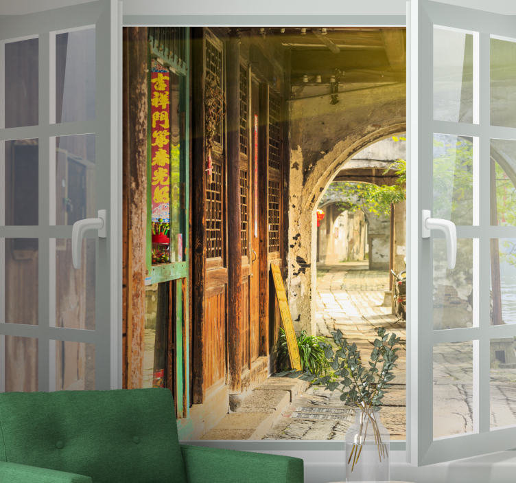 Mural ciudad escena encantadora de callejón - TenVinilo