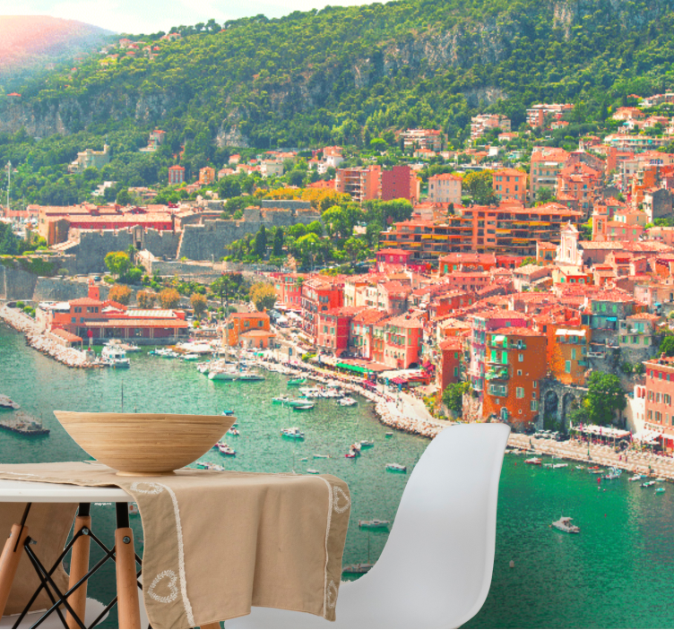 Mural ciudad perspectiva del pueblo costero - TenVinilo