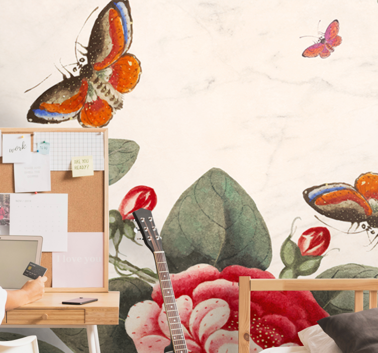 Mural de flores insectos y flores revoloteando - TenVinilo