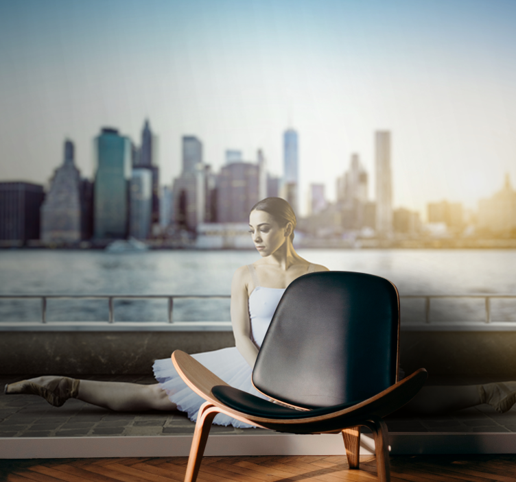 Mural de gente bailarina en paisaje urbano - TenVinilo