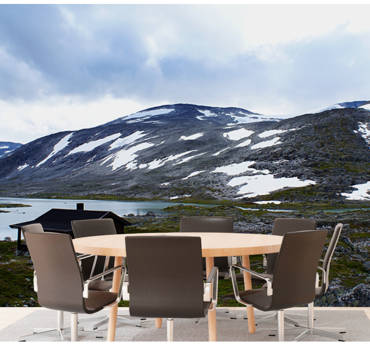 Mural de paisajes refugio en el lago de montaña - TenVinilo
