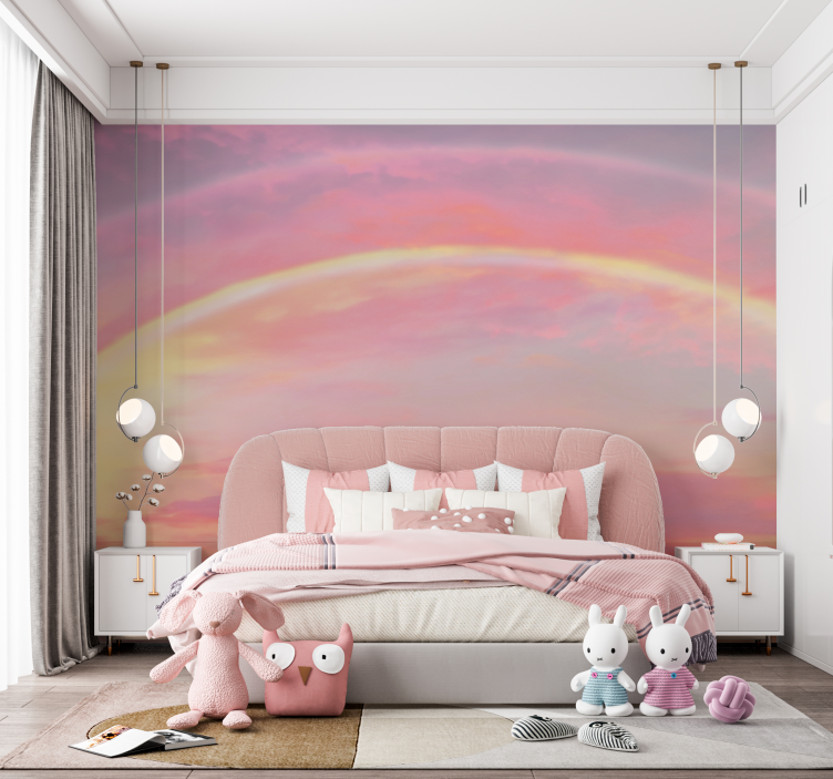 Fotomural infantiles cielo rosa con arcoiris - TenVinilo