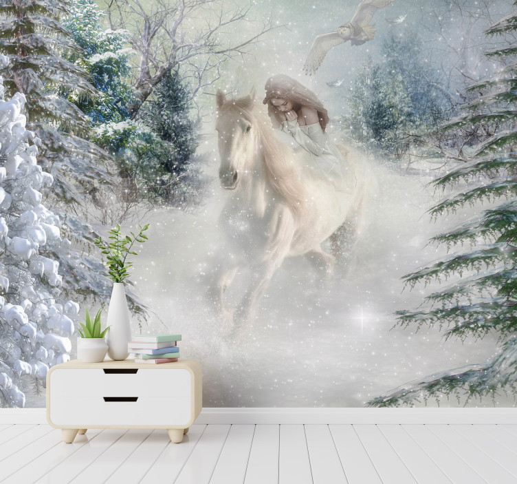 Fotomural fantasía caballo galopando en nieve - TenVinilo
