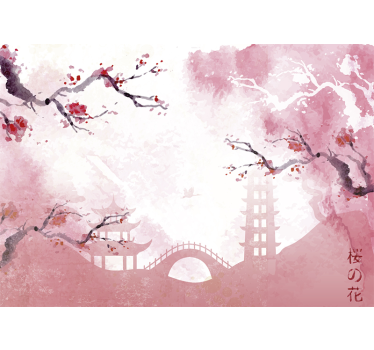 Papel pintado paisaje japonés color rosa - TenVinilo