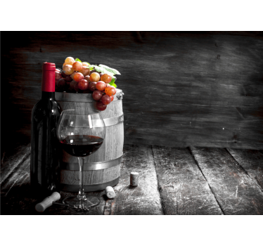 Foto mural 3d Barril de madera con botella de vino - TenVinilo