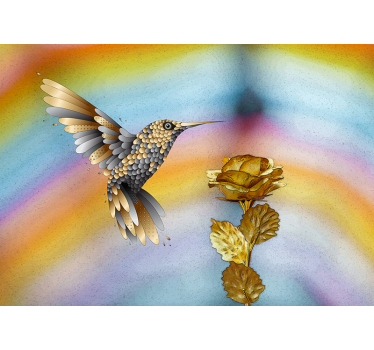 Mural moderno Colibríes y flores doradas. - TenVinilo