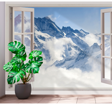 Foto mural 3d Montaña desde la ventana cielo azul - TenVinilo