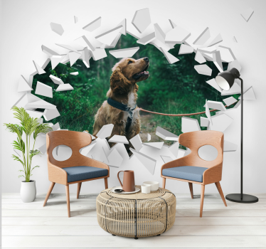 Foto mural 3d Pared rota con perro - TenVinilo