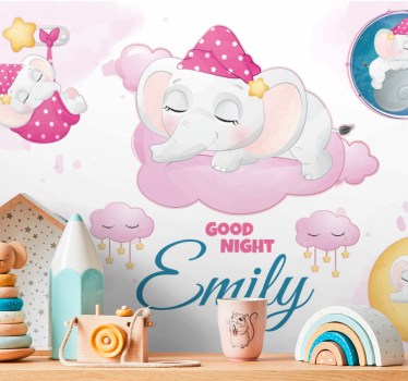Fotomural bebé Lindo elefante para niña con nombre - TenVinilo