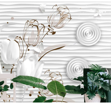 Fotomural tulipanes Tulipanes ilustrados con círculos blancos - TenVinilo