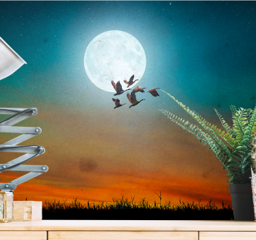 Mural animal Luna y pájaros - TenVinilo