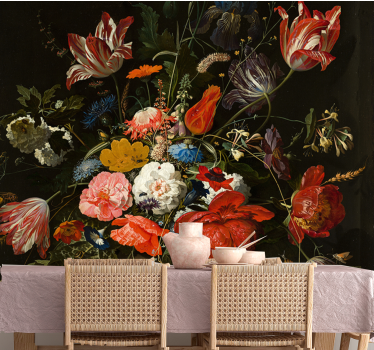 Mural arte clásico Pintura de flores rojas azules y blancas - TenVinilo