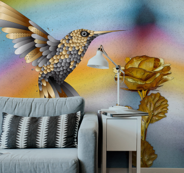 Mural moderno Colibríes y flores doradas. - TenVinilo