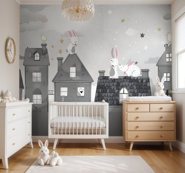 Mural para bebé conejitos en la noche - TenVinilo