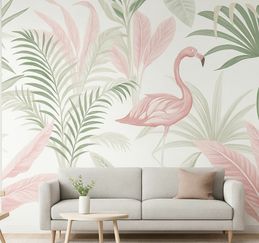 Mural para salón oasis tropical de flamencos - TenVinilo