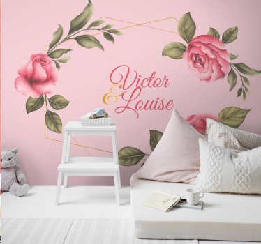 Mural personalizable Rosas rosadas y doradas personalizadas - TenVinilo