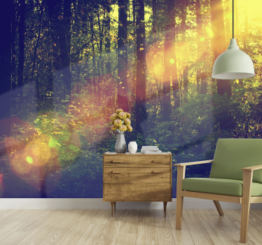 Papel mural pared de bosque frondoso con destello - TenVinilo