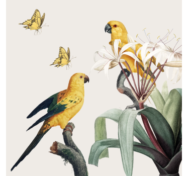 Poster salón loros con flores amarillas y mariposas - TenVinilo