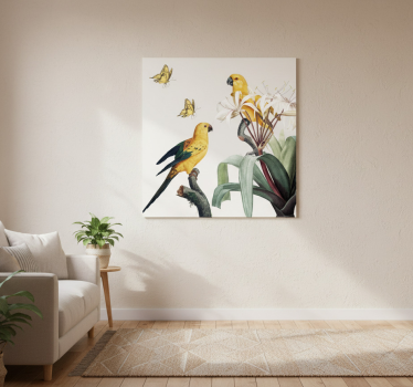 Poster salón loros con flores amarillas y mariposas - TenVinilo