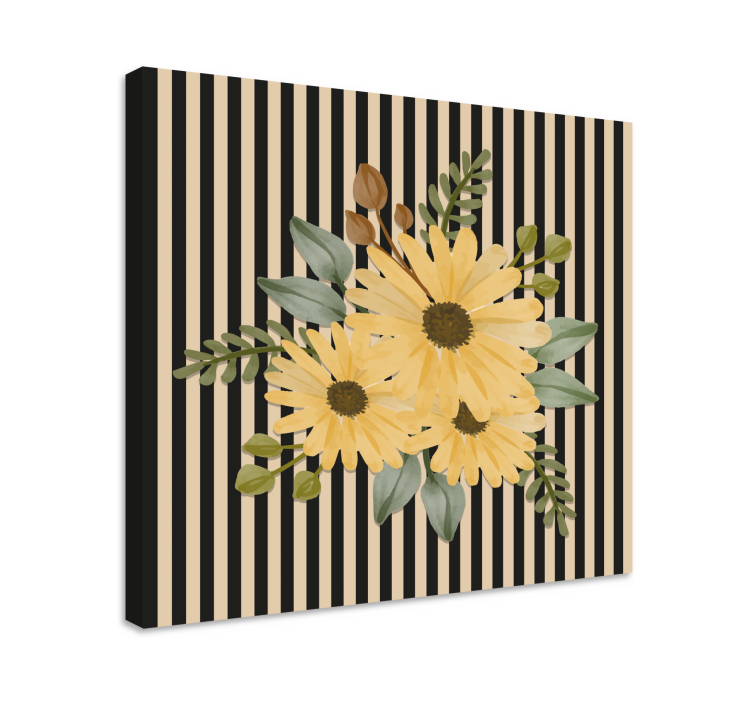 Cuadro de flores Girasoles de otoño en rayas blancas y negras - TenVinilo