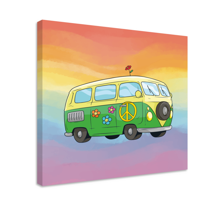 Cuadro vintage Coche hippie de dibujos animados con arco iris - TenVinilo