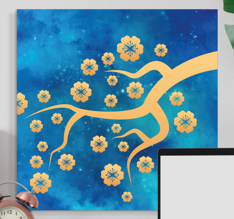 Cuadro 3d Cereza dorada sobre fondo azul negro - TenVinilo