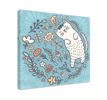 Cuadro mandala gato blanco y flores - TenVinilo